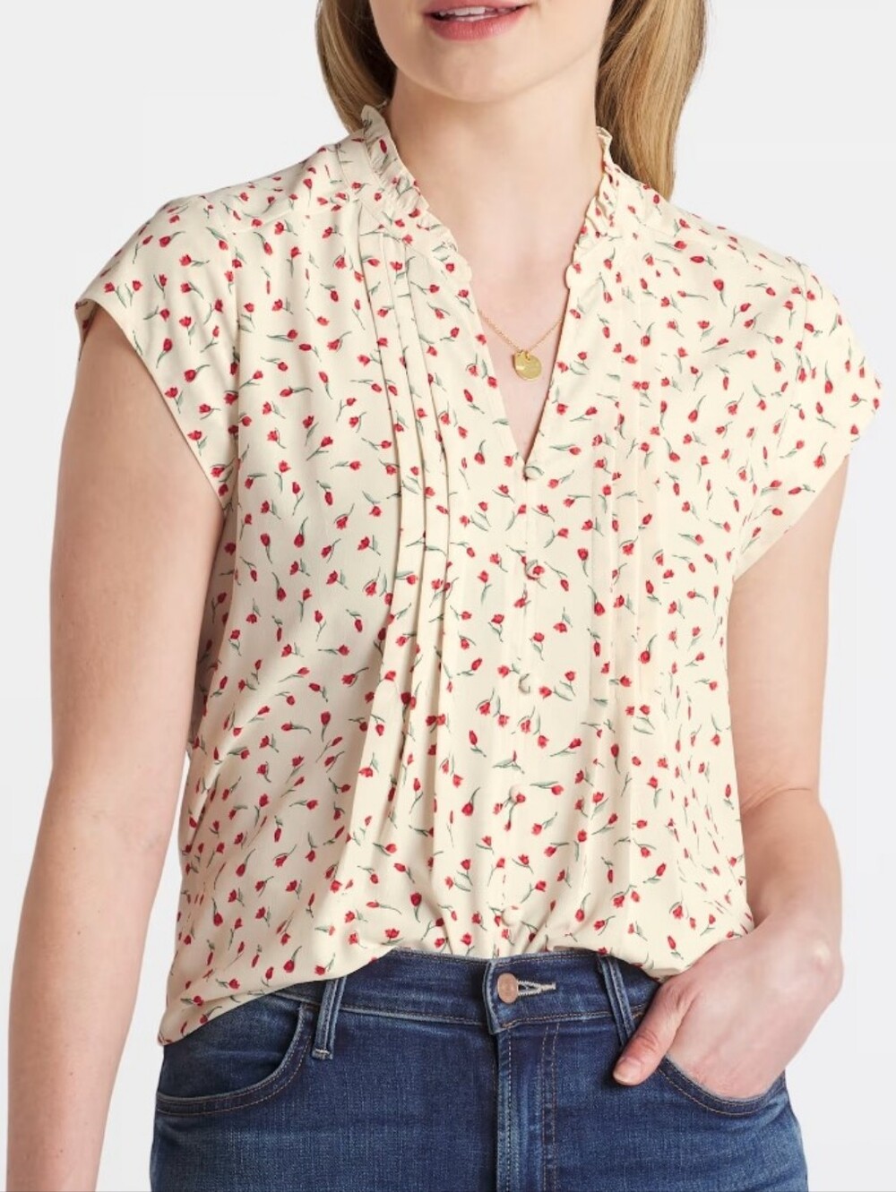 Cream Floral Cap-Sleeve Blouse